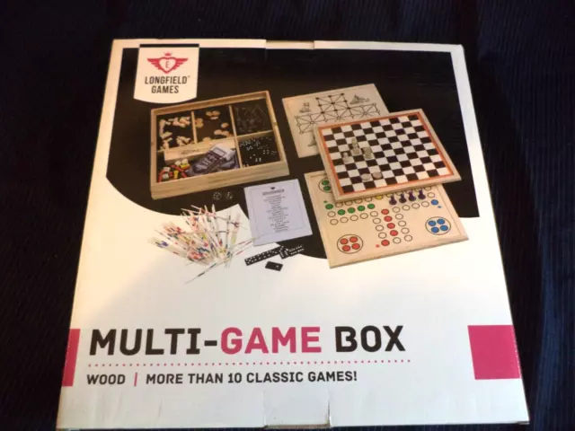 NEW traditional family board game set WOODEN BOX multi-game LONGFIELD compendium