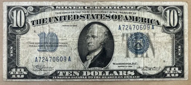 1934 ($10) TEN DOLLAR SILVER CERTIFICATE Blue Seal  #A72470609A