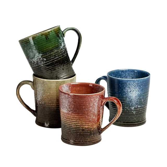 Woven Paths Stoneware Rustic Farmhouse Mugs, Assorted, Set of 4