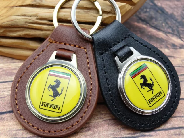 RARE Vtg YELLOW FERRARI GENUINE LEATHER KEY FOB CHAIN RING Automotive CAR TRUCK