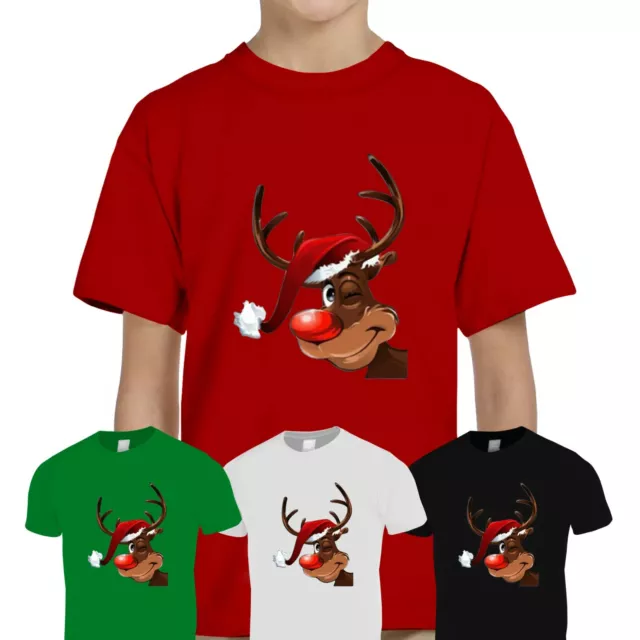 T-shirt top di Natale bambini ragazzi ragazze sorridenti Rudolph renne di Natale