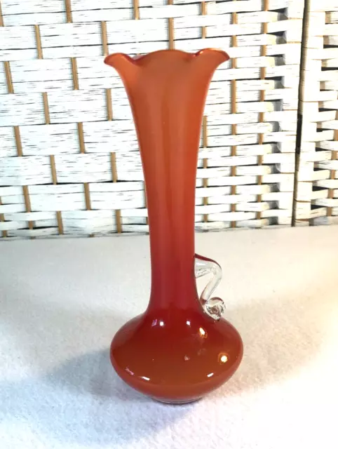 Vintage Ruffle Top Red / Orange Art Glass Bud Vase Hand Blown 10x8cm