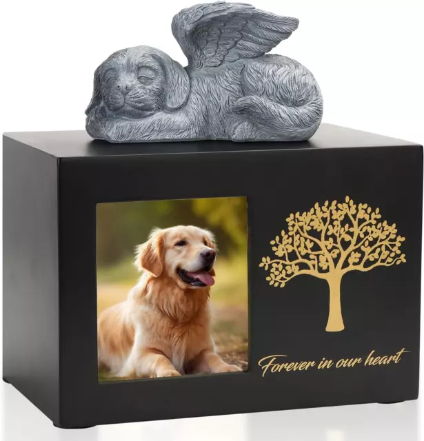 Pet Urn Dog Ashes Box Wooden Black Dog Urns for Ashes Comes with Dog Angel