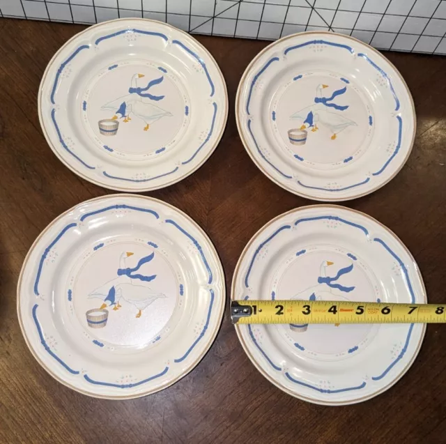 Set Of 4 COUNTRYSIDE Salad Plates 7.5" by NEWCOR Stoneware Geese Blue Ribbon