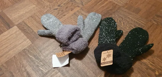 Damen Winter Strick Fäustlinge Handschuhe Strass Pailetten Fleece,  NEU grau