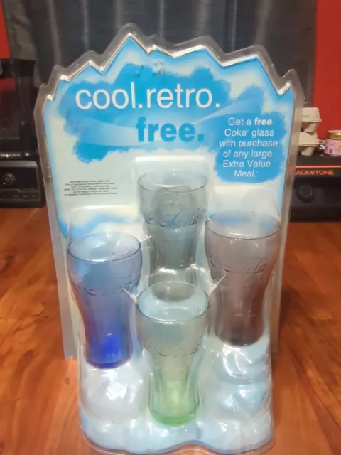 NEW SET of 4 McDonalds Coca Cola Glasses  STORE DISPLAY Smoke Blue Purple Green
