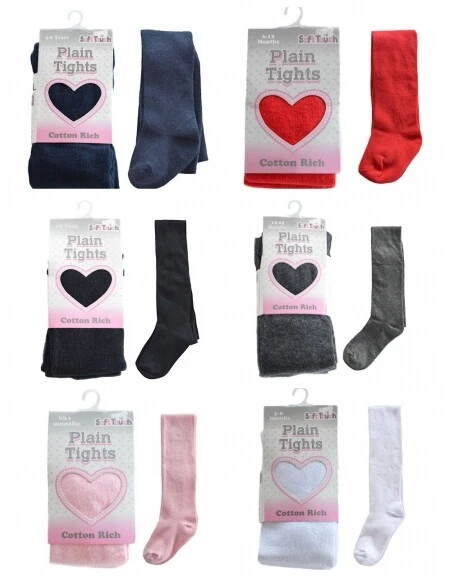 Baby Girls Plain Cotton Rich Tights White Pink Red Navy Blue Newborn - 24 Months