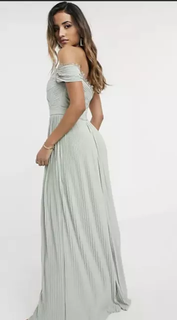 ASOS Design Premium Lace and Pleat Bardot Maxi Dress in Sage sz 10 Tall NWT 3