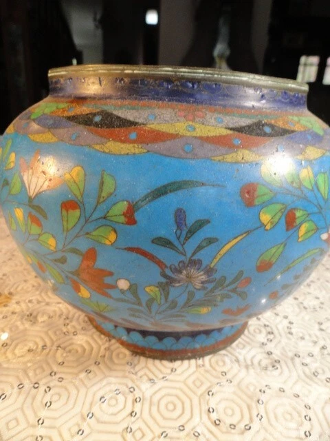 Ancien Cache-pot En émail Décor Marine - Orange - H 17cm X D 32cm