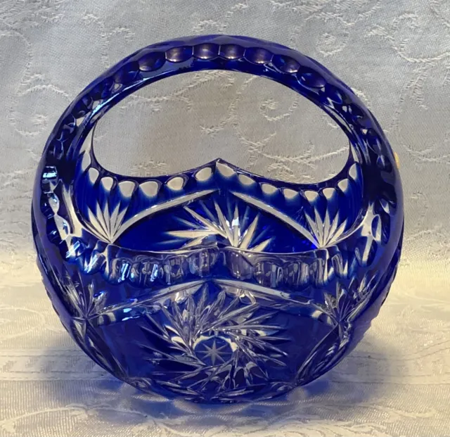 Polish Cut To Clear Basket Rose Bowl Cobalt Blue Lead Crystal Vintage Hobstar 5"