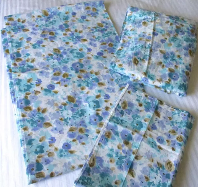 Nwot Vintage All Cotton Single Bed Sheet Set Blue & Aqua Stylised Flowers