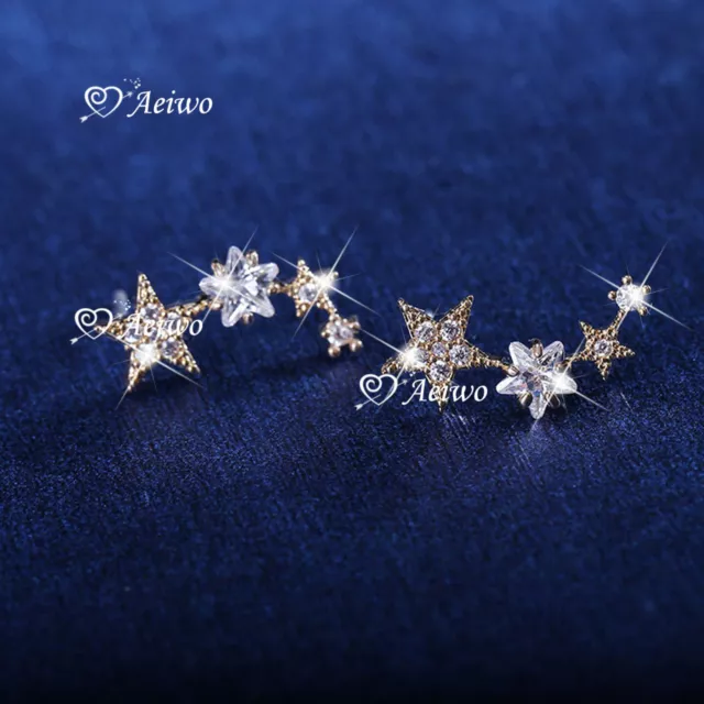 925 SILVER CLEAR CRYSTAL Unbalanced irregularity star stud ear climbers earrings 2