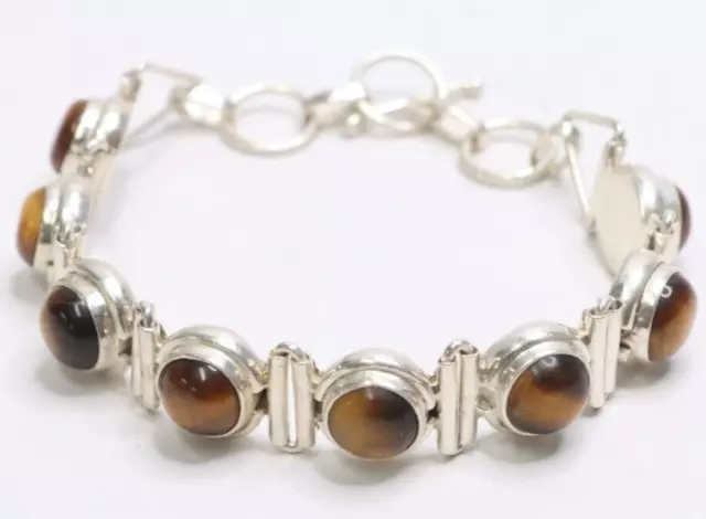 925 Sterling Silver Tiger's Eye Gemstone Chain Bracelet Toggle 7.5"