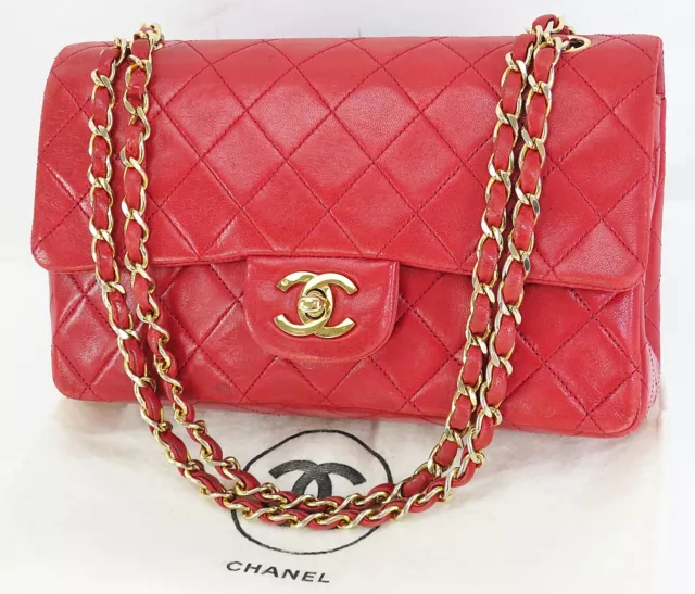 AUTH CHANEL RED Quilted Leather Flap Cover Gold Chain Shoulder Bag