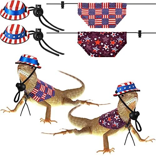 4 Pcs 4th of July Bearded Dragon Hats Lizard Bandanas Lizard Bowler Hat and