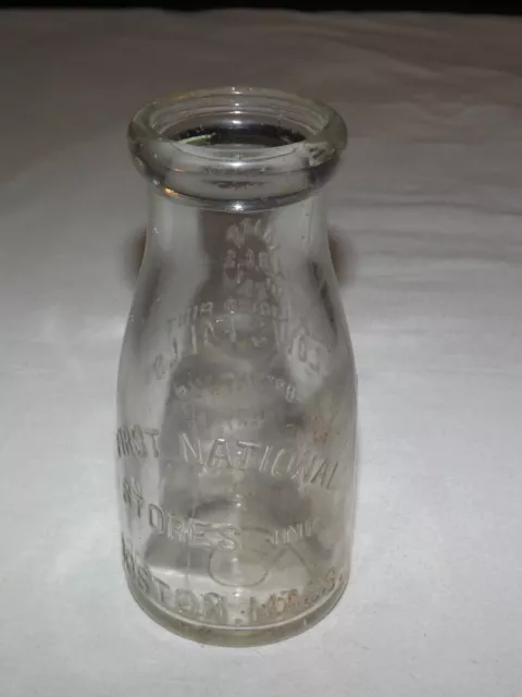 Vintage 1927 Bellows Falls Vt First National Stores Mass   1/2 Pint Milk Bottle