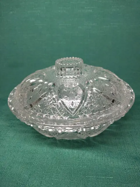 Vintage Cut Clear Glass Candy Dish W/Lid Malaysia KIG Heart & Roses