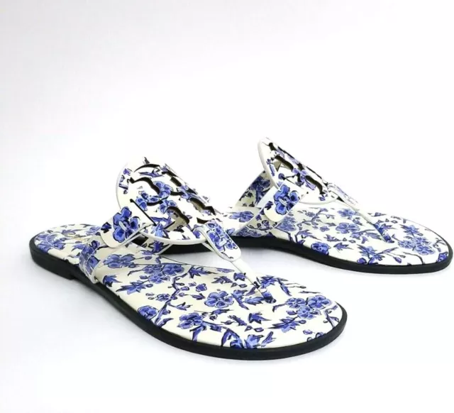 Tory Burch Women's Blue Branches Miller Floral Laser-cut Leather Sandals 8.5