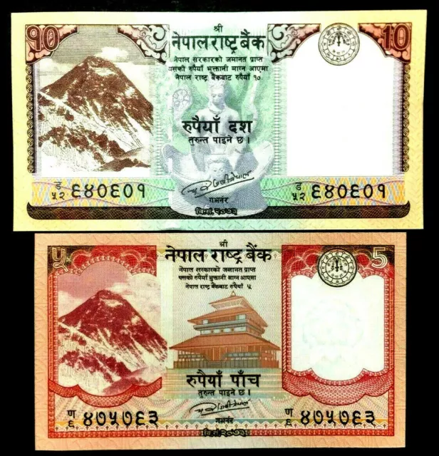 Nepal 5 and 10 Rupees Banknote World Paper Money UNC Currency Bill Note