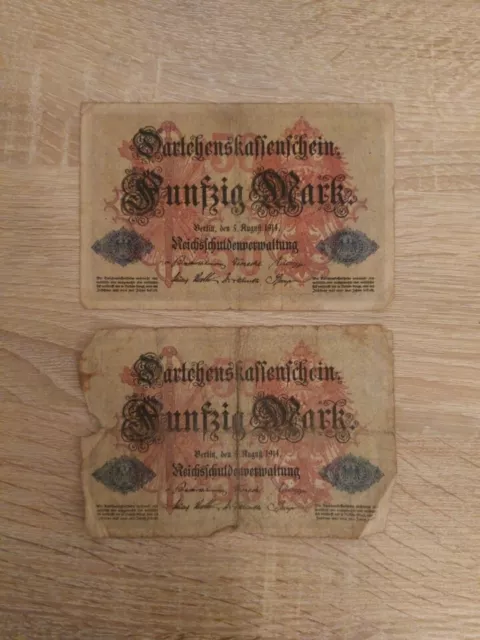 Geldscheine, Banknoten, 2 Stück Darlehenskassenschein über 50 Fünfzig Mark 1914