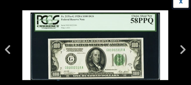 A CHICAGO Fr. 2151-G $100 1928A Dark Green Seal  PCGS Choice About New 58