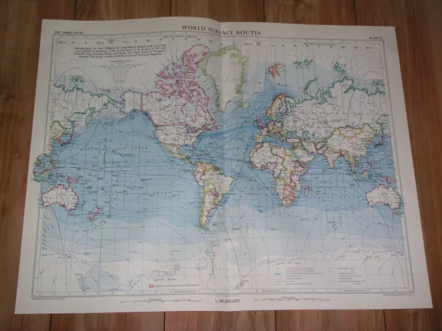 1958 Vintage Map Of World Surface And Ship Marine Transportation Routes