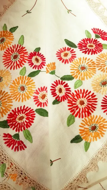 Vintage Hand Embroidered Tablecloth-Beautiful Displays Of Chrysanthemums - Mums