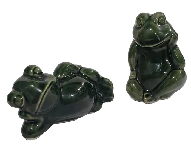Frog Figures Ceramic Green Lot Of 2  Thinking Sitting Laying Lounging Vtg Brazil