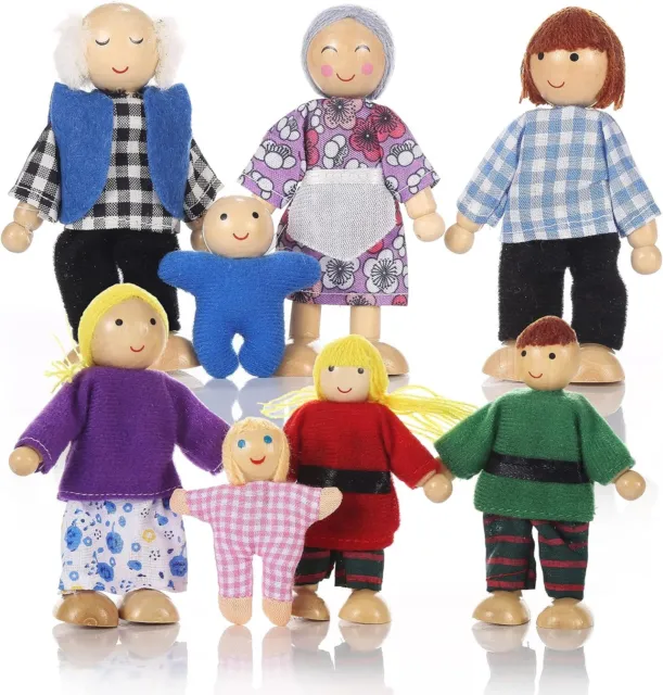 Wooden Doll House Family of 8 Little Figures, Cute Dollhouse People for...