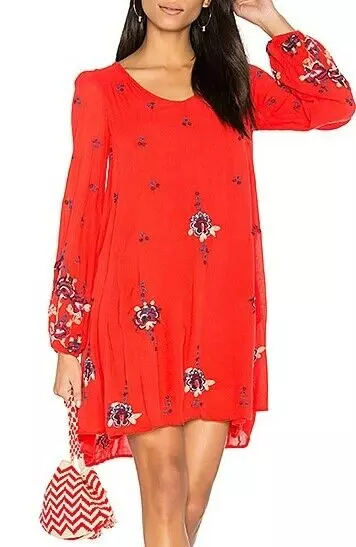 $168 Free People Oxford Cotton Embroidered Floral Shift Mini Dress Red Combo S