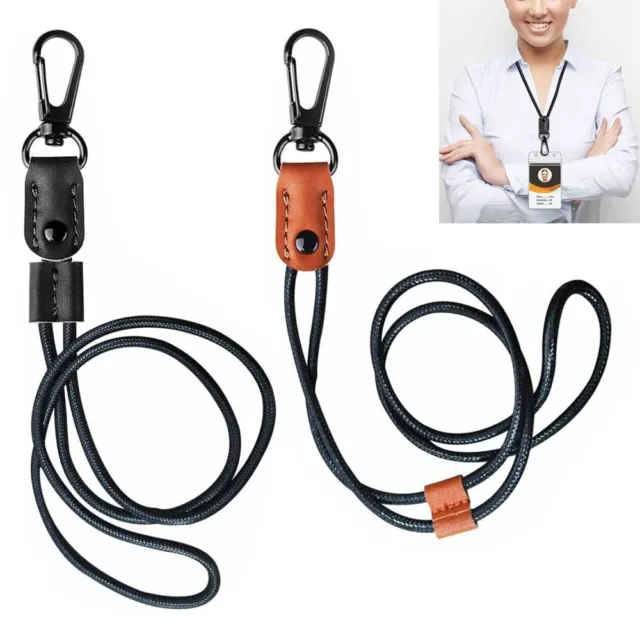 Adjustable Hanging Rope Neck Strap Leather Braided ID Card Holder Badge Lanyard