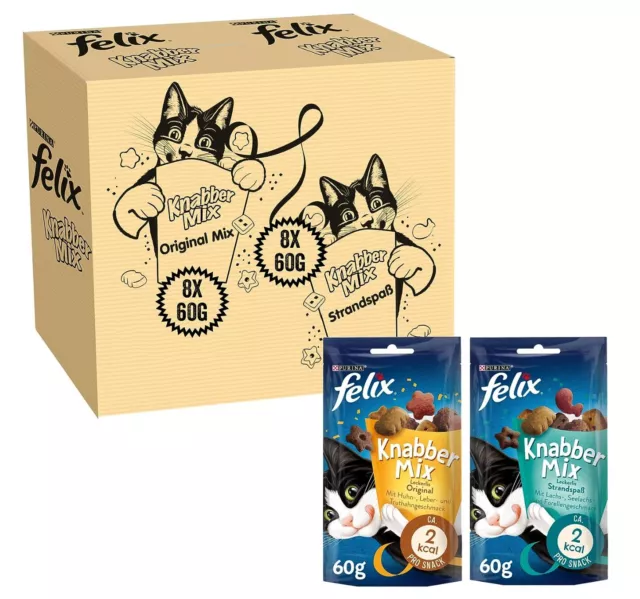 FELIX KNABBER MIX ORIGINAL & STRANDSPASS KATZEN LECKERLI TROCKENFUTTER 16 x  60g