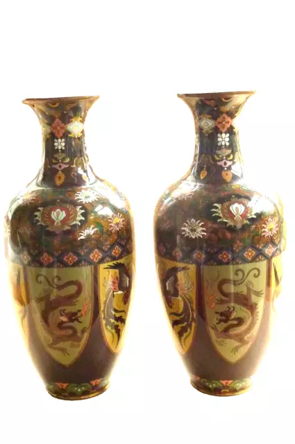 Superb Pair of Tall 12"Vintage Japanese Cloisonne Vase's Dragons Birds