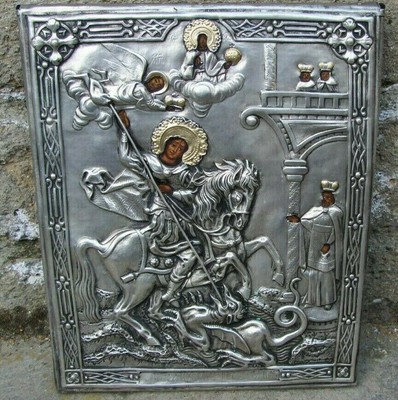 ICONA RUSSA SAN GIORGIO UCIDE IL DRAGO  DEL 900 PLACCATA D"ARGENTO 