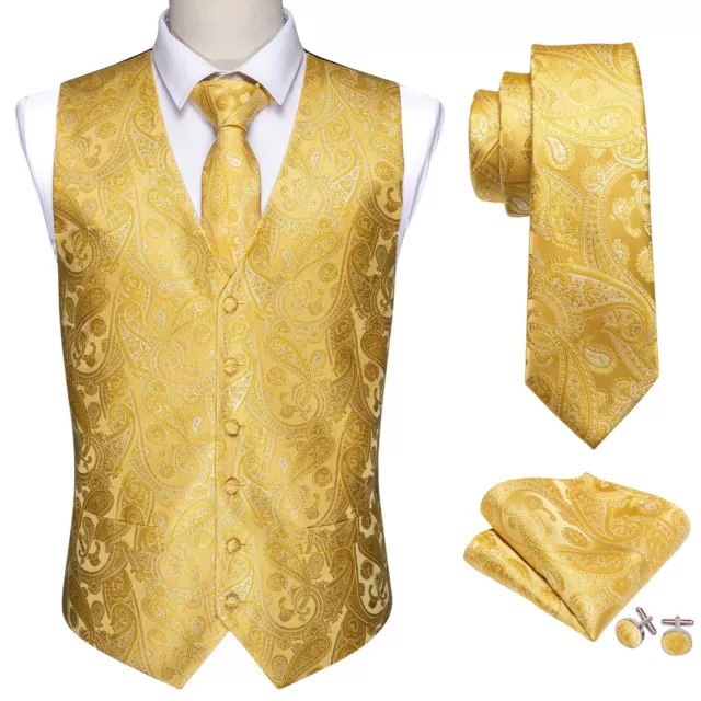 Bright Yellow Mens Waistcoat Paisley Designer Morden Vest Tuxedo Gilet Wedding