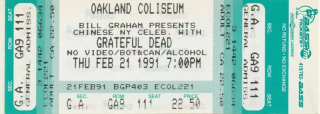 Grateful Dead Unused Ticket 02-21-1991 Oakland Coliseum Jerry Garcia Bob Weir