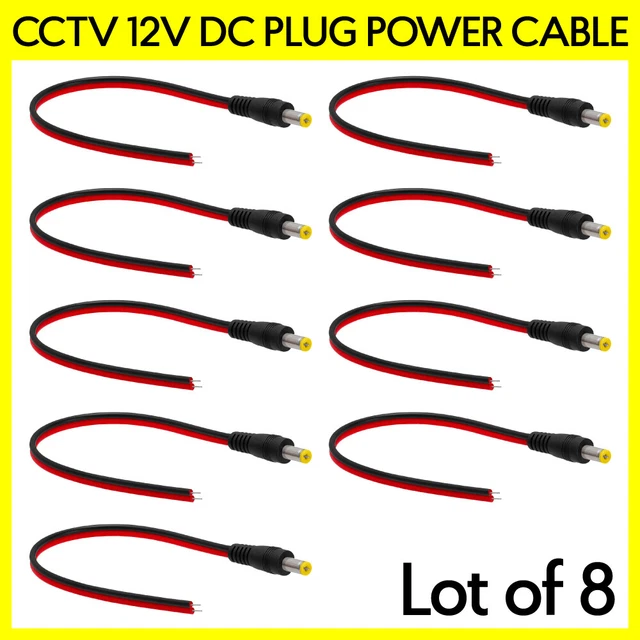 8 Pack CCTV DC Plug Male Pigtail 2 Wire Red Black 8" Cord Power Cable Connector