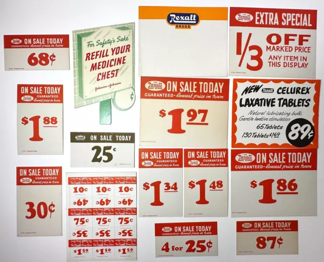 Vintage REXALL DRUG STORE Sale Signs Shelf Tags LAXATIVE MEDICINE Lot of 15