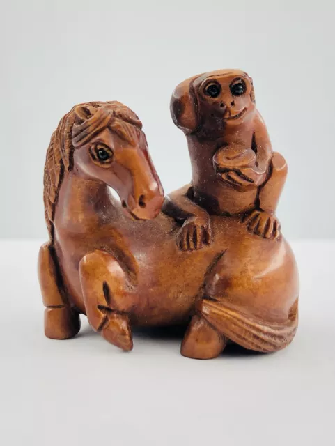 Antique Japanese Meiji Period Carved Wood Horse & Monkey Netsuke Signed