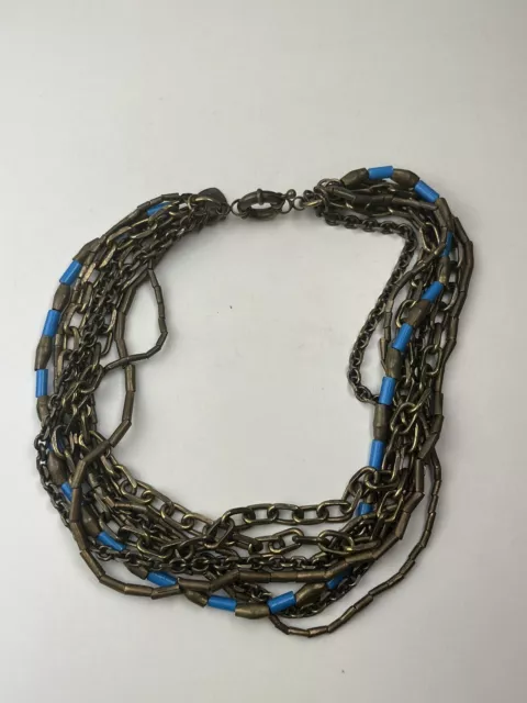 Giles & Brother Multistrand Necklace Brass Tone & Blue Beads 17.5" Heavy 3