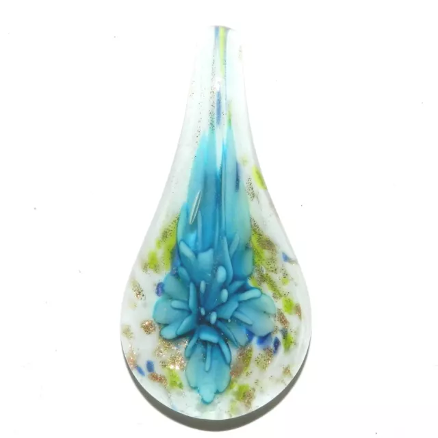 P2467 Blue Flower with Gold Sparkles 56mm Lampwork Glass Spoon Drop Pendant