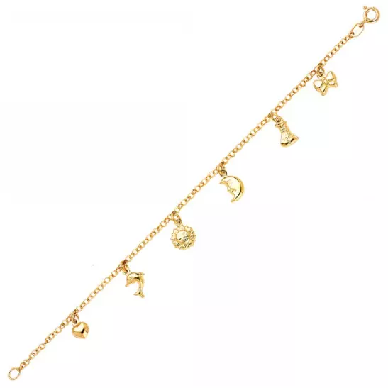 14K Yellow Gold Heart Sun Moon Dolphin Ribbon Bracelet - Charm Rolo Chain Link