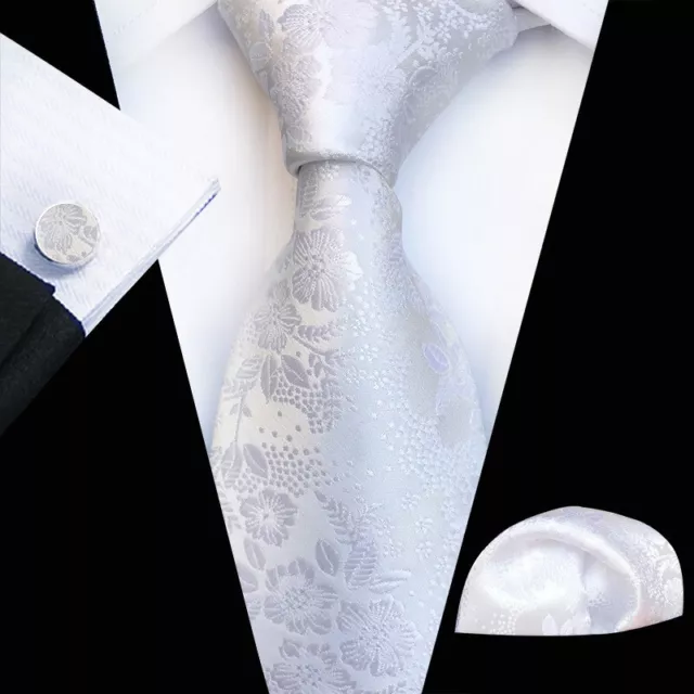 Cravate Poche Carré Boutons Blanc Fleur Ensemble Ou Individuel 100% Soie Mariage