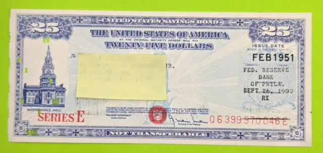Feb 1951- $25 US Savings Bond Series E Independence Hall Philadelphia Punch Card