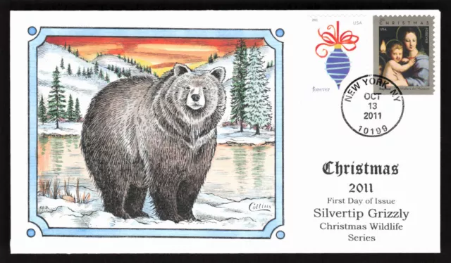 Collins Hand Painted Fdc 2011 Christmas Wildlife Silvertip Grizzly Bear