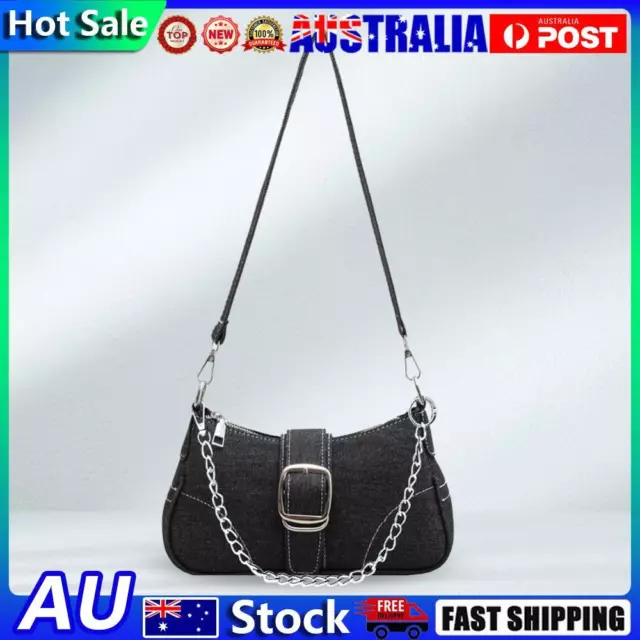 Women Chain Handbag Purse Buckle Decor Casual Evening Satchel Bag (Black)