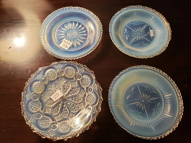 4 EAPG Lacy Boston Sandwich Opalescent Flint Glass Cup Plates circa 1850