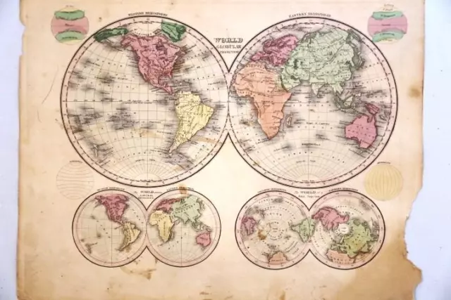 1838 Antique Smiley's Atlas Map-The World Hemispheres-Hand Colored