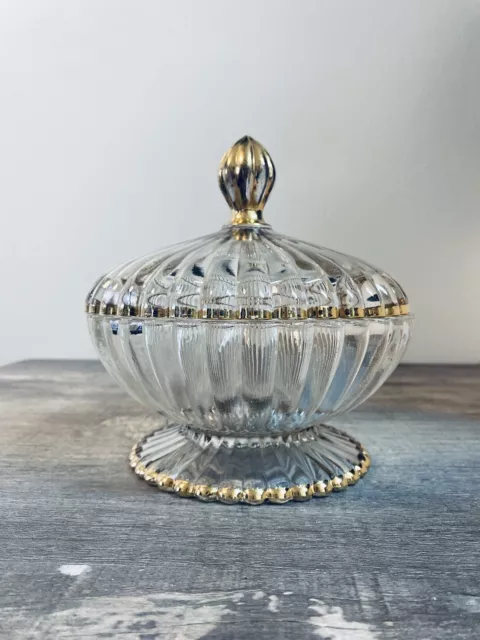 Vintage Jeanette Glass Gold Trimmed Candy Dish With Lid Footed National Pattern