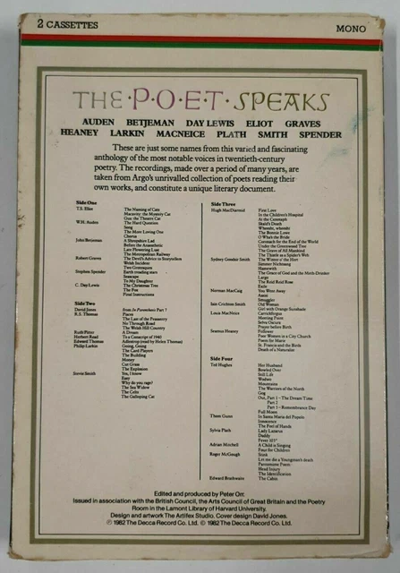 The Poet Speaks - 20th Century Anthology Read By The Poets- Double Cassette. Sw8 2